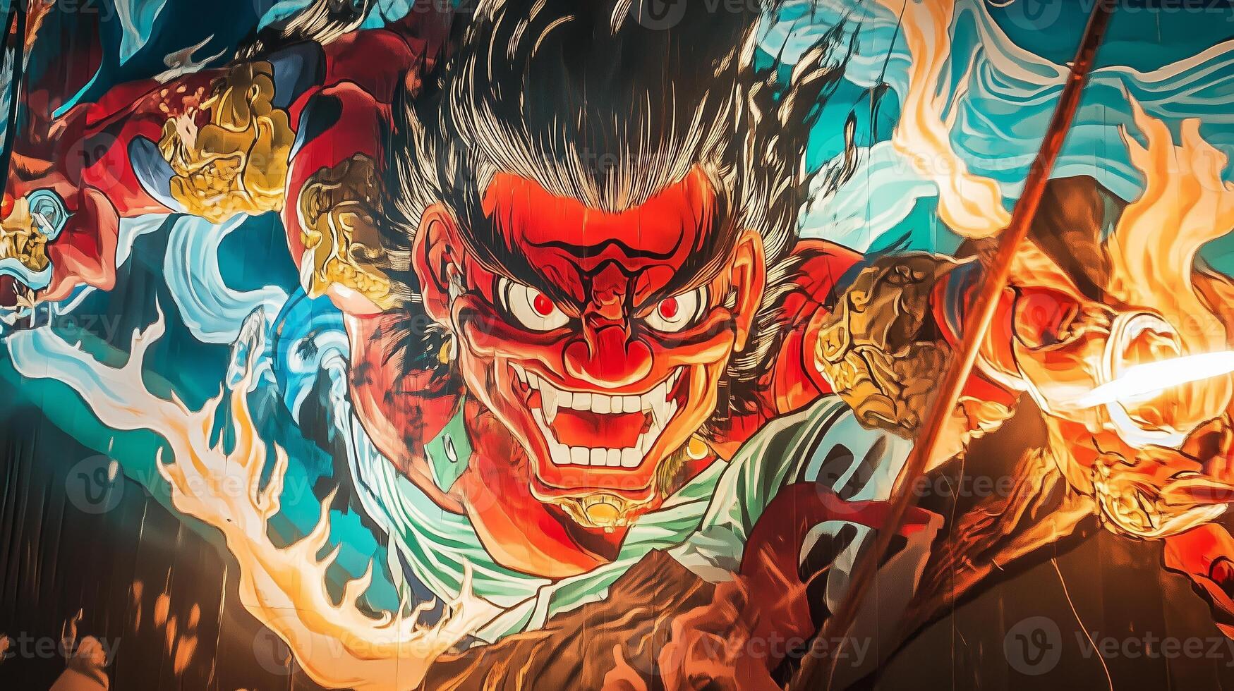 Vibrant mural showcasing an intense warrior bursting with energy, depicting strength and passion in a dynamic urban setting photo