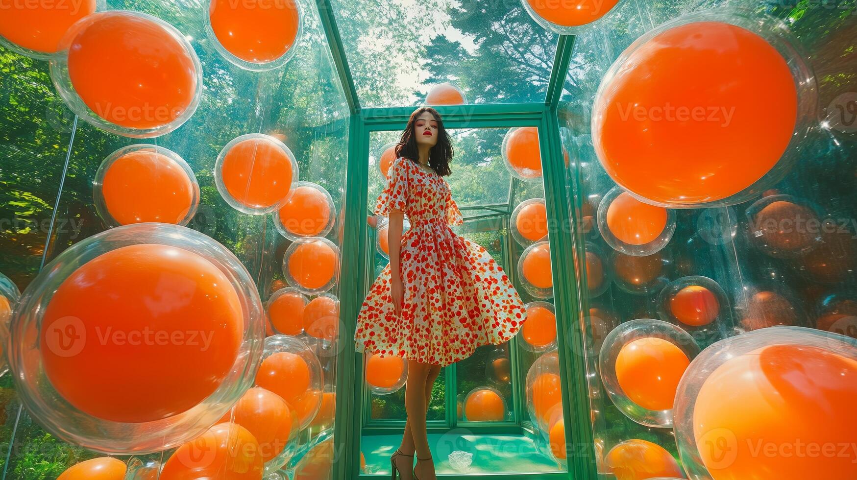 Woman in a floral dress explores vibrant art installation surrounded by orange spheres in a lush green forest setting photo