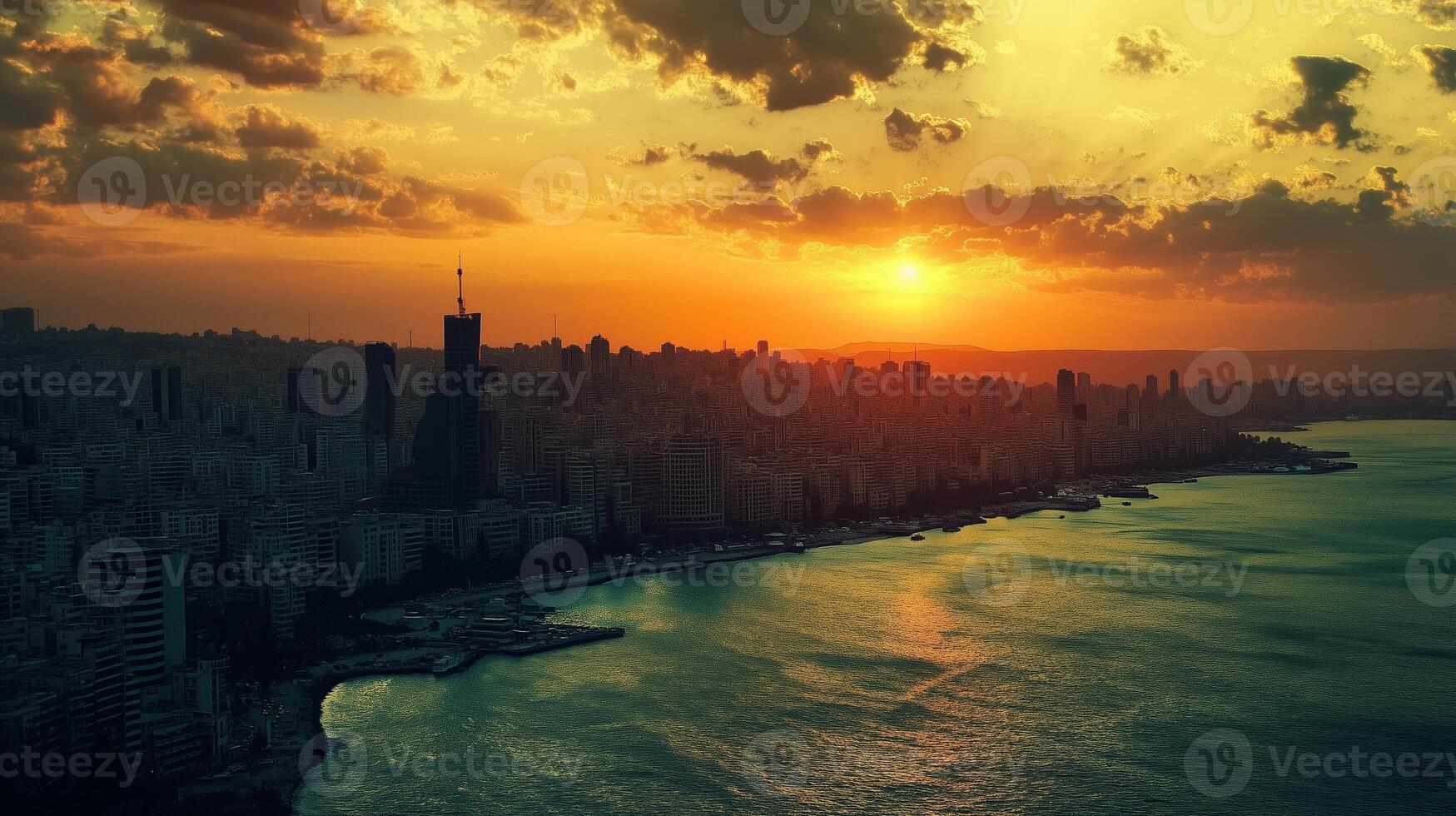 Stunning sunset over the coastline of Beirut with city skyline and waves reflecting golden hues of evening light photo