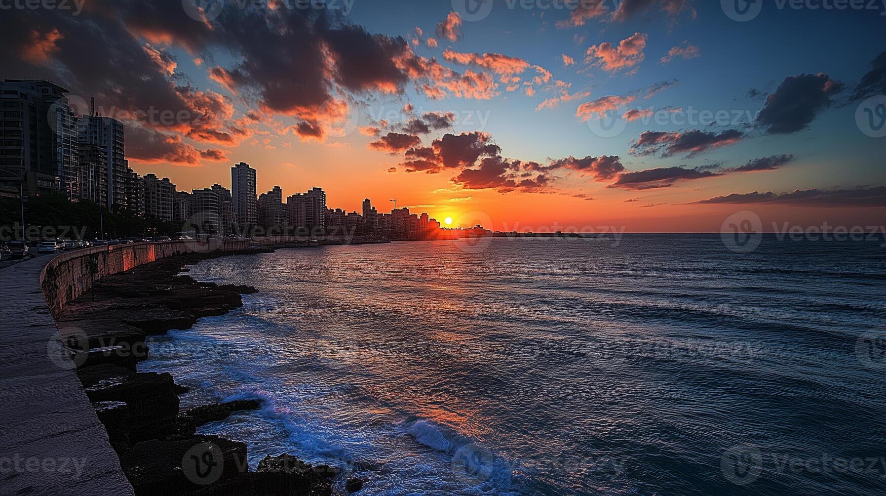 Breathtaking sunset over the Mediterranean coastline with city skyline in Beirut, Lebanon during evening hours photo