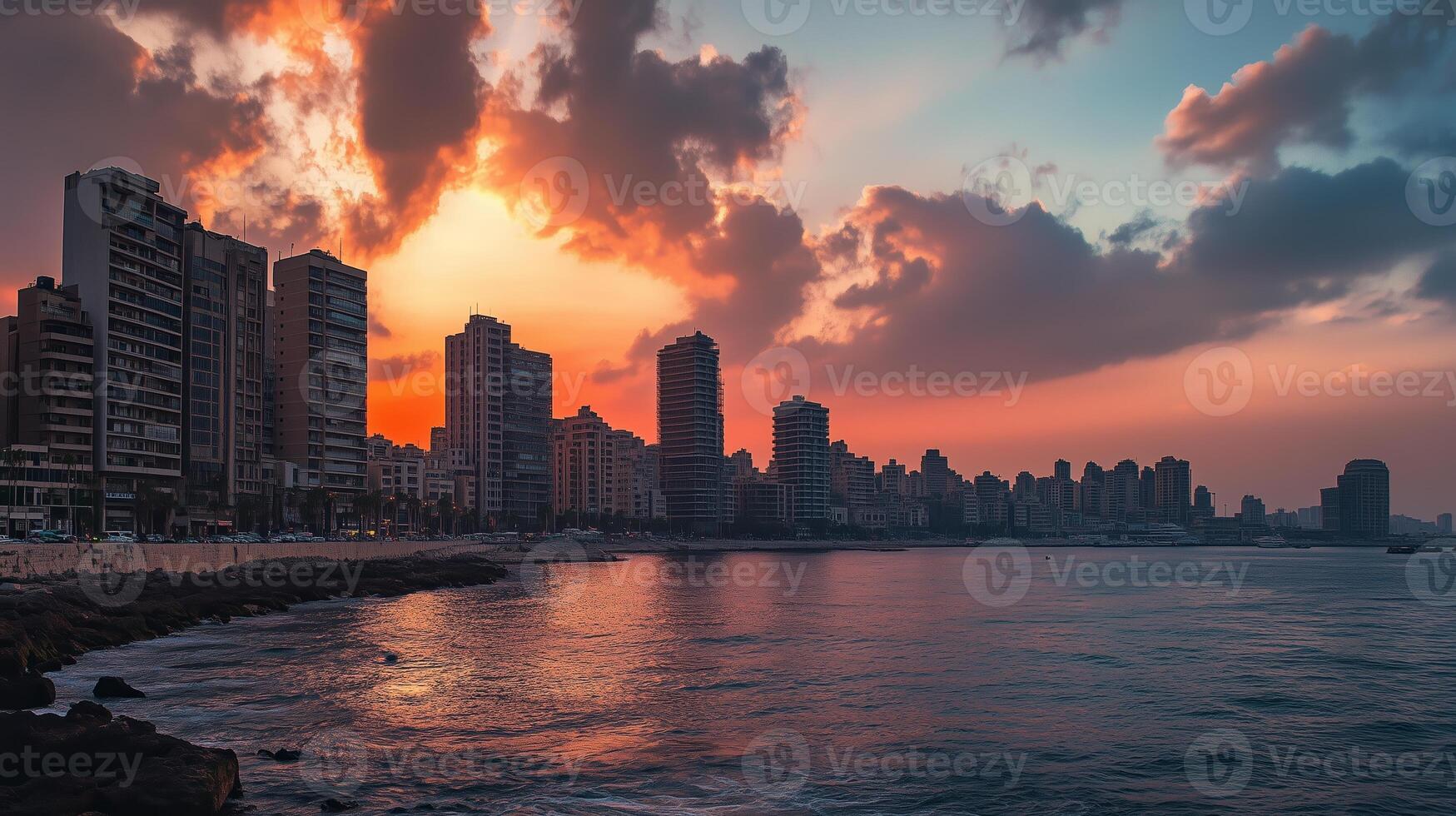 Sunset over the coastline of a bustling city, highlighting modern architecture and vibrant colors reflecting on the water photo