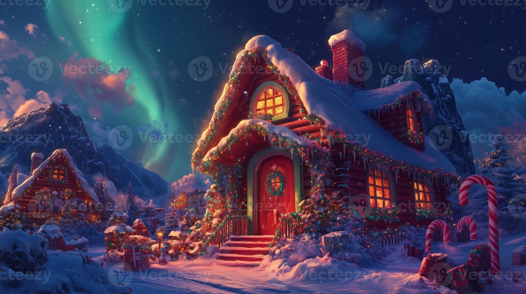 Cozy winter cabin adorned with festive decorations under the northern lights in a snowy landscape during the evening photo
