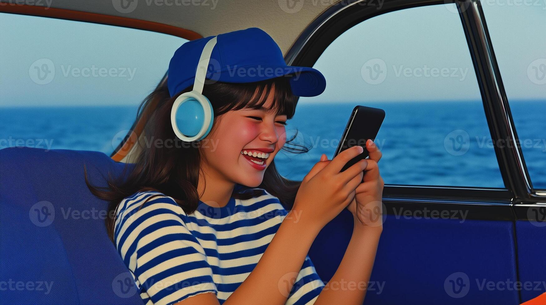 A girl enjoys music on her smartphone while sitting in a car overlooking the ocean on a sunny day photo