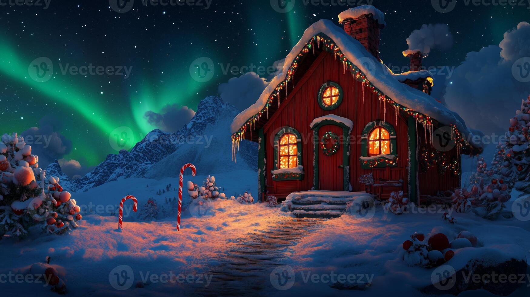 A cozy red cabin illuminated by the aurora borealis in a winter landscape with candy canes by the pathway at night photo