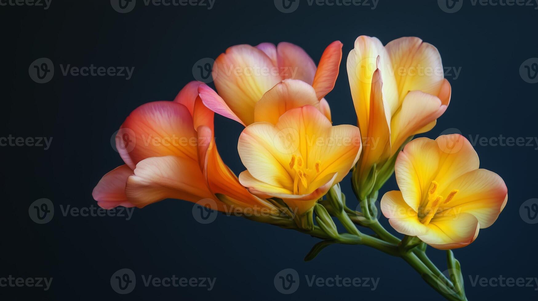 Colorful freesia flowers in bloom against a dark background, showcasing their vibrant petals and delicate shape photo