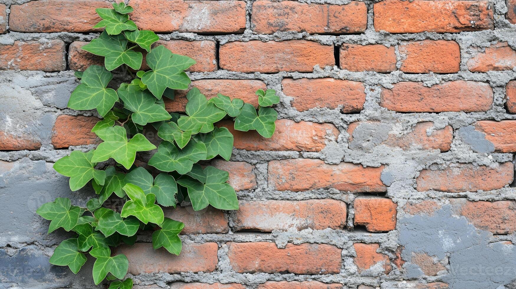 Ivy climbing on a textured brick wall with a rustic charm in a sunlit urban setting photo