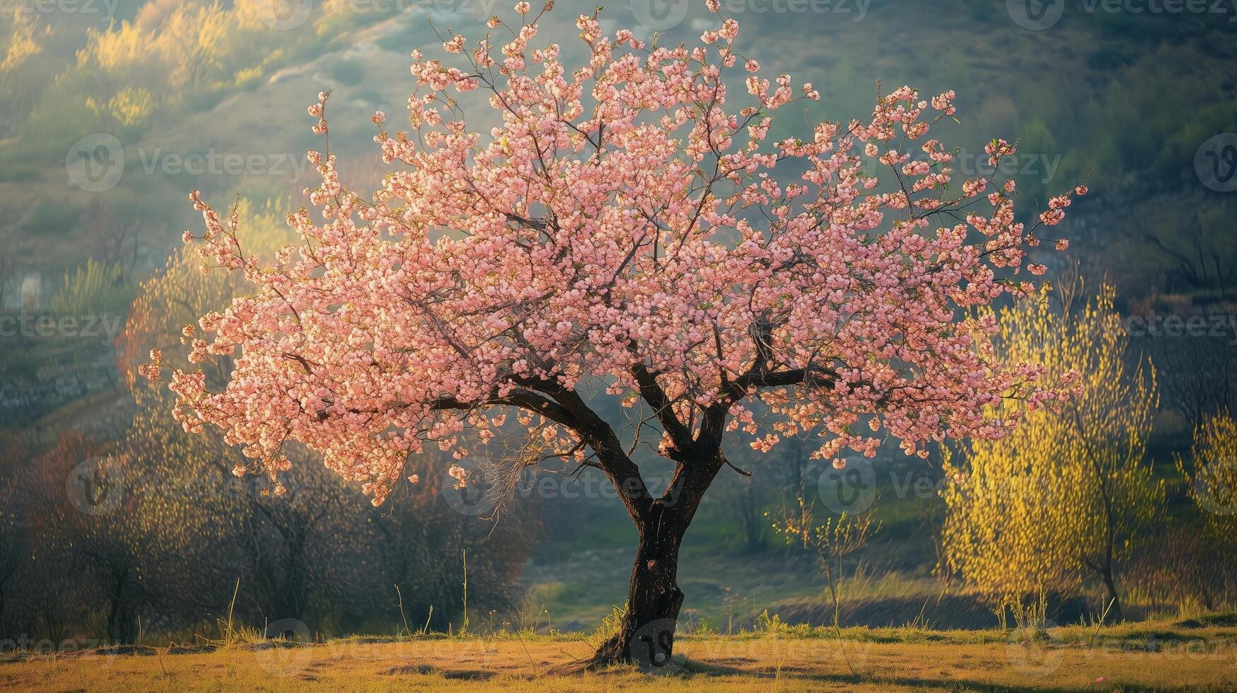A blooming cherry blossom tree stands alone in a serene landscape during early spring, surrounded by vibrant greenery photo