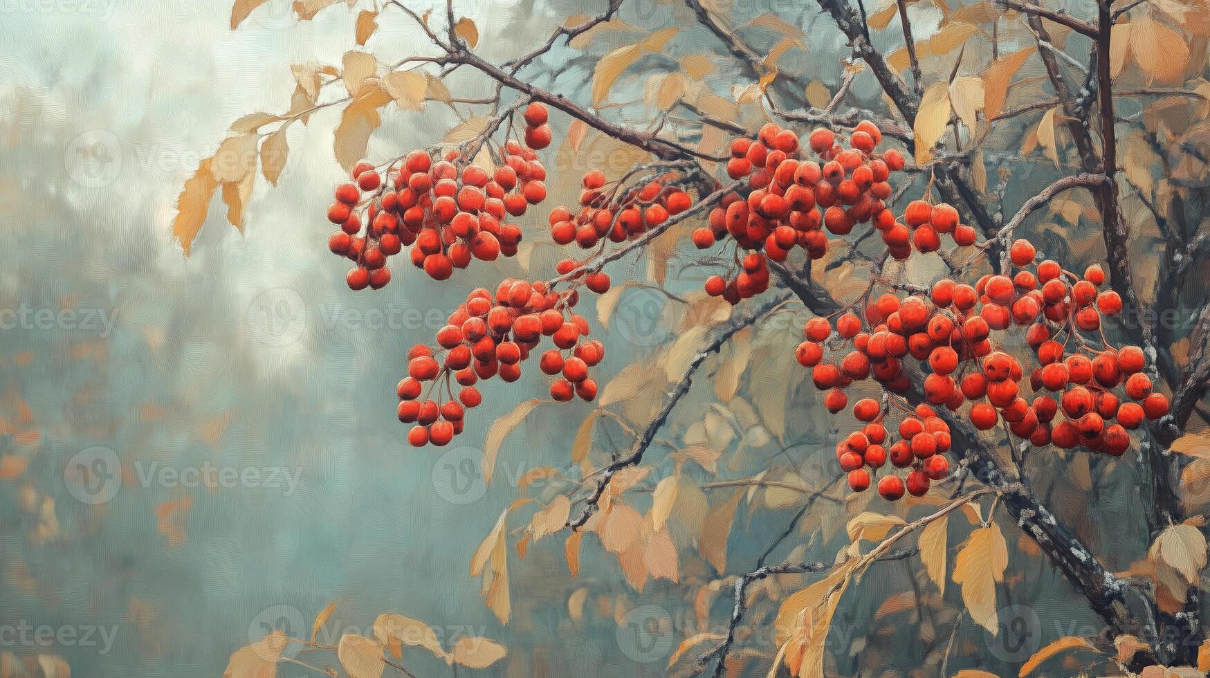 Vibrant clusters of red berries hang from branches amid autumn leaves in a serene forest setting during the early morning hours photo