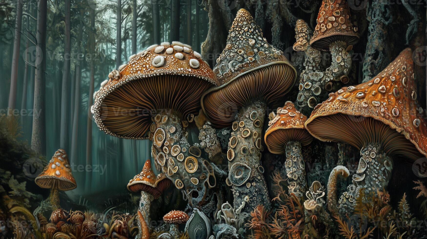 Mushrooms thrive in a mystical forest, showcasing vibrant colors and intricate patterns beneath the towering trees in a serene setting photo