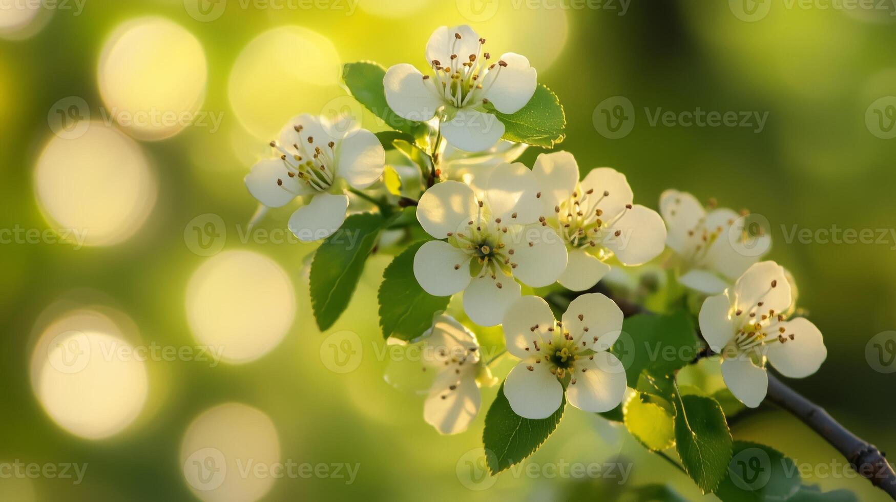 White blossoms on a branch against a soft golden bokeh background in springtime sunlight photo
