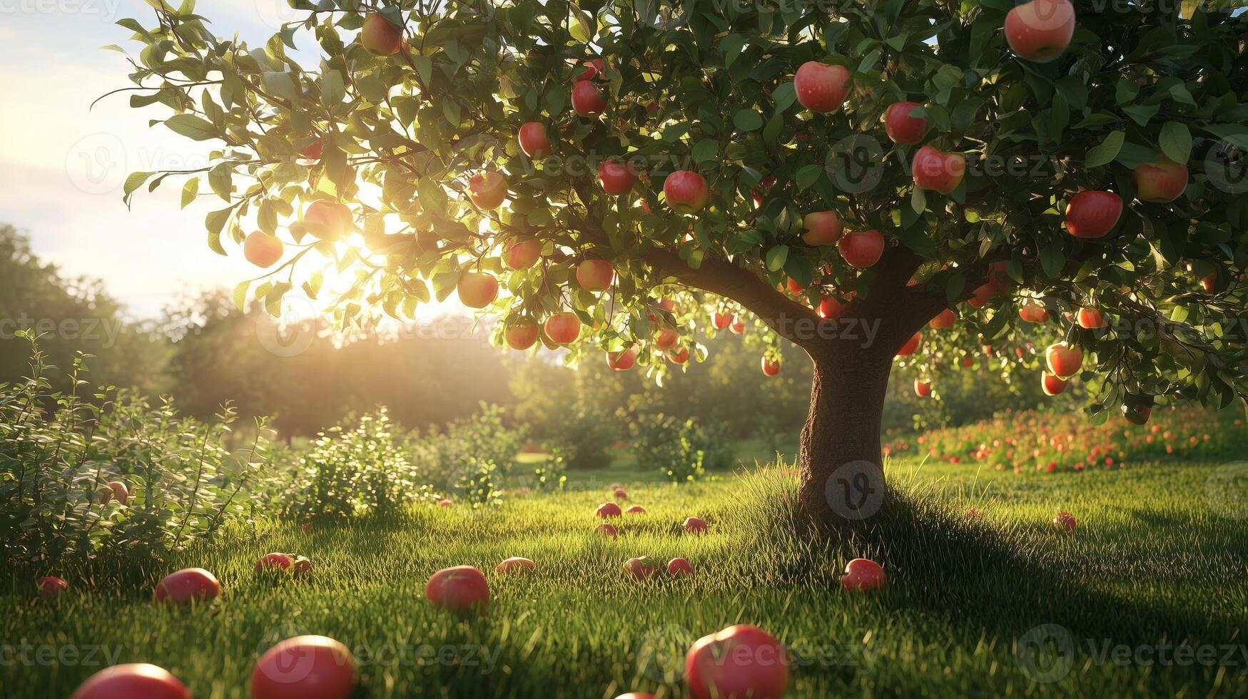 Sunlight filters through an apple tree laden with ripe fruit in a serene orchard during the golden hour of late afternoon photo