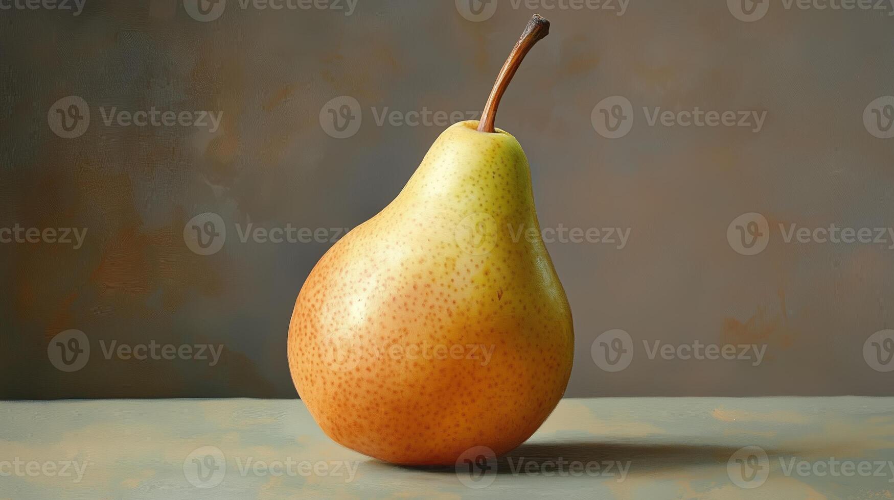 A ripe pear with a smooth texture placed on a neutral background during a soft, ambient light setting photo