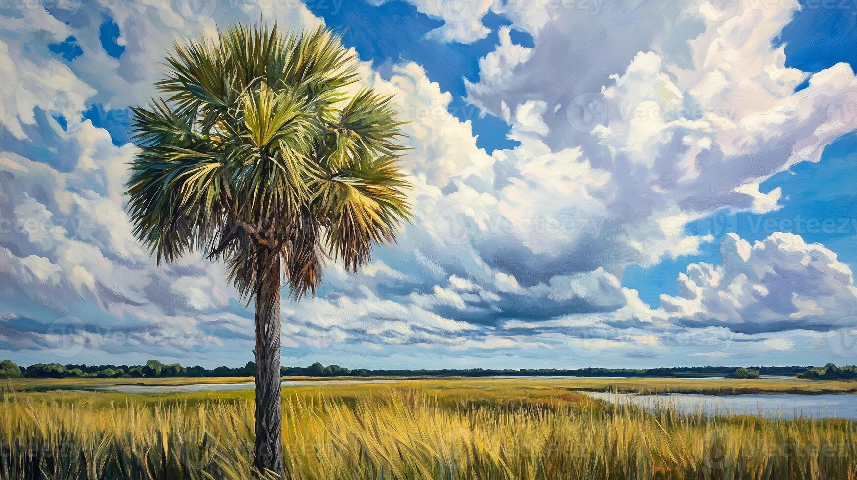 A lone palm tree stands amidst lush golden grasses under a dramatic sky filled with clouds in a scenic coastal landscape photo
