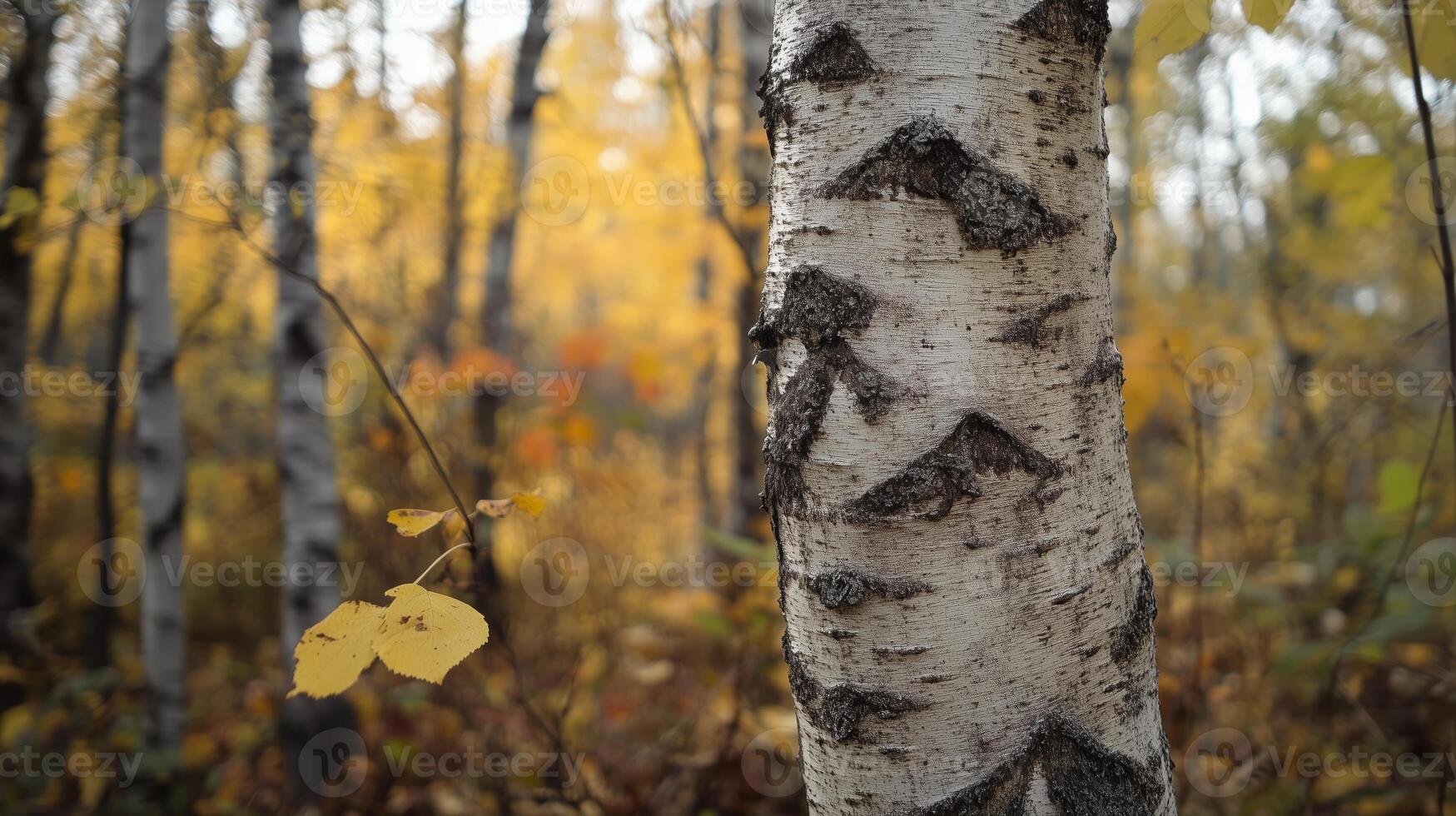 A close-up view of a birch tree trunk amidst vibrant autumn foliage in a serene forest during late afternoon light photo
