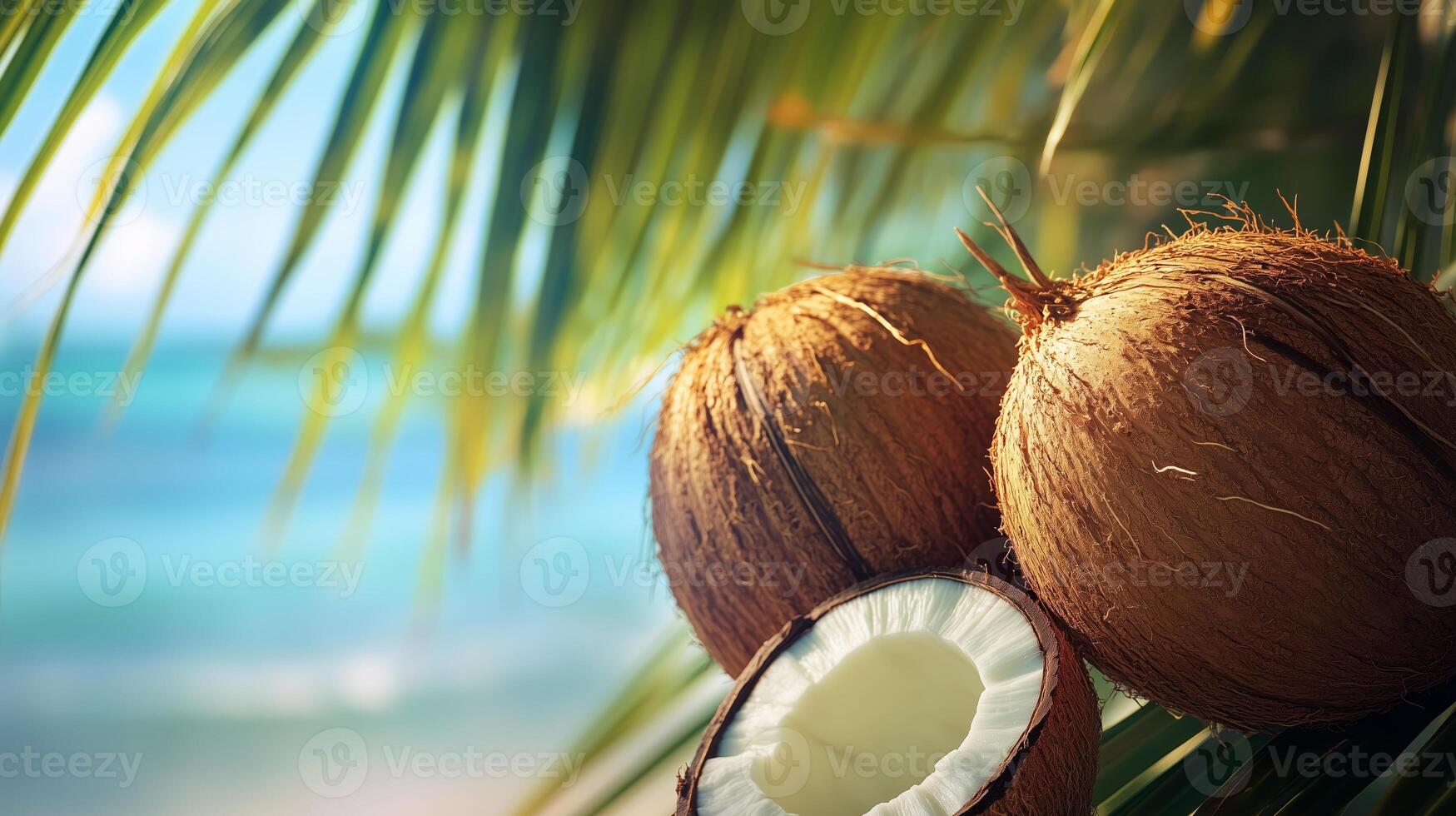 Fresh coconuts resting on a palm tree branch near a serene beach during a sunny day photo