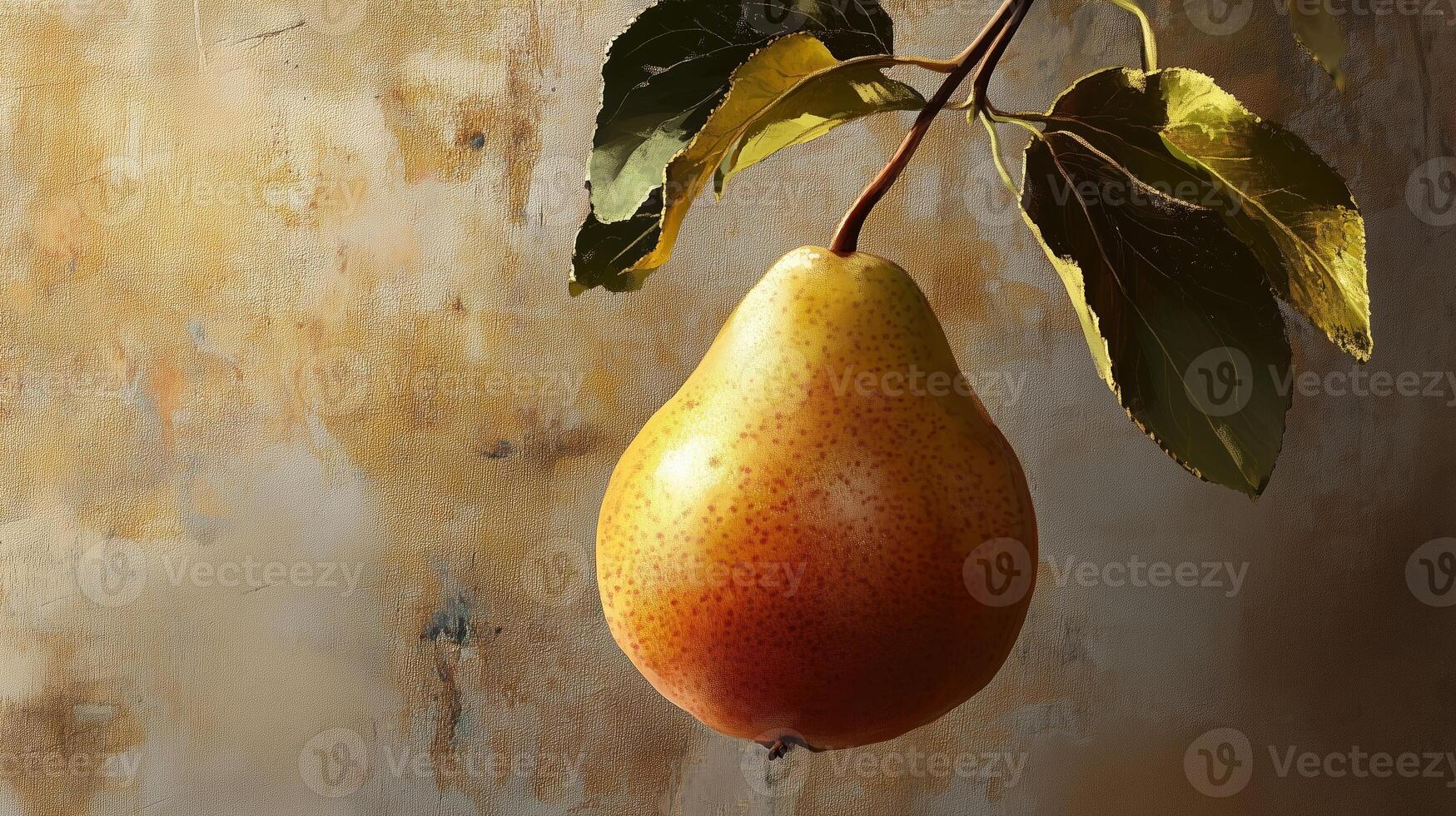 A ripe pear hangs from a branch against a textured background, showcasing its vibrant color and natural sheen photo