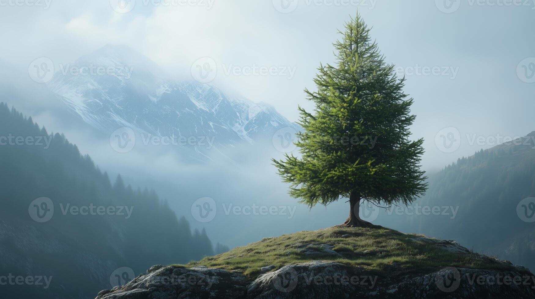 A solitary green tree stands on a rocky outcrop surrounded by misty mountains in early morning light photo