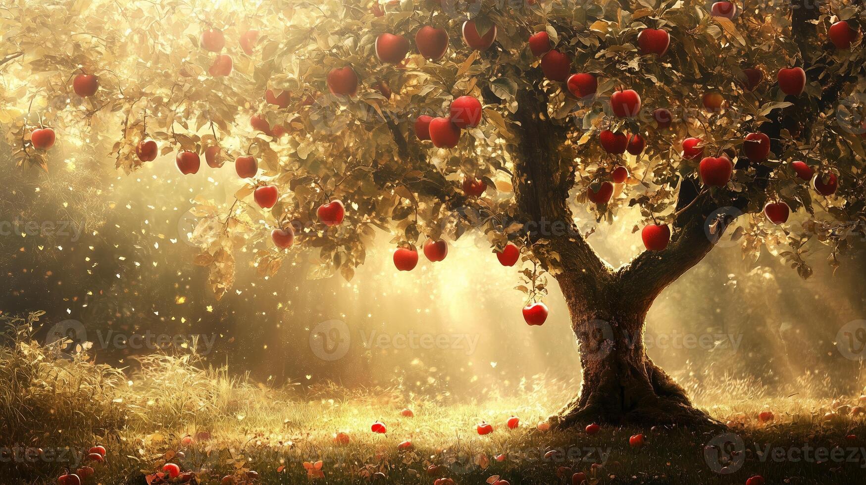 A serene apple tree bathed in golden sunlight with ripe red apples in a tranquil orchard during early autumn photo