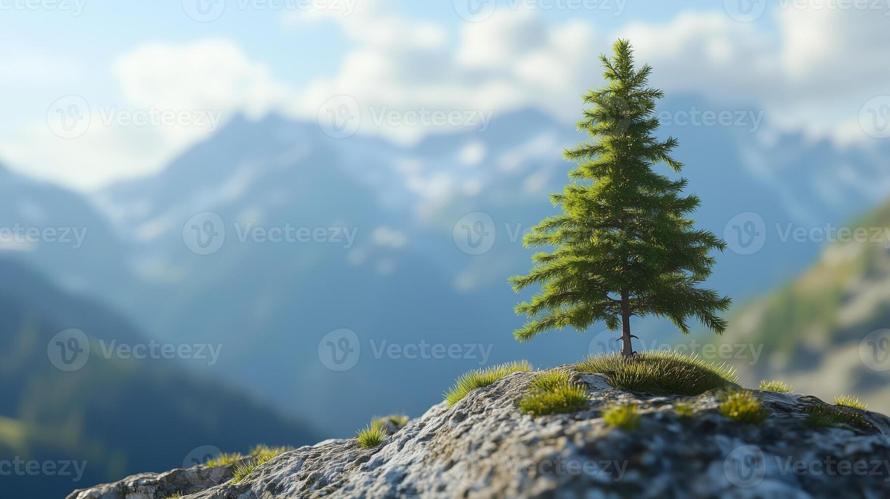 A solitary pine tree atop a rocky outcrop with majestic mountains in the background on a clear day photo
