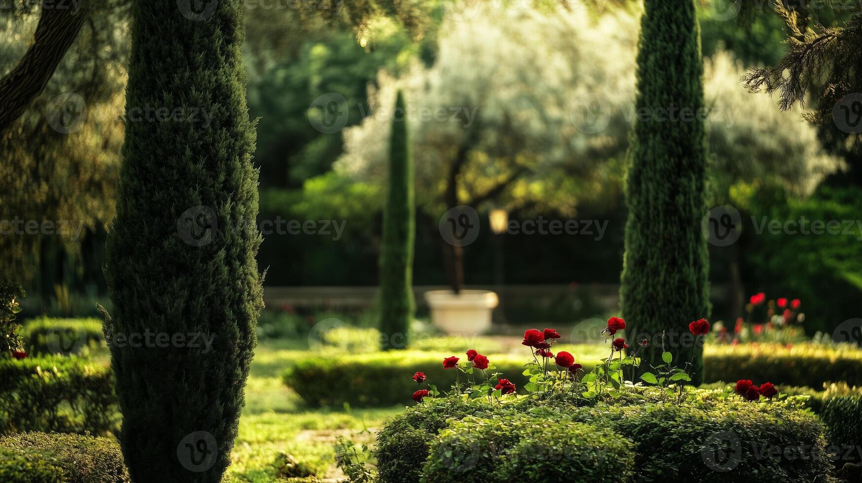 A peaceful garden with neatly trimmed hedges, vibrant roses, and tall cypress trees illuminated by soft sunlight in a tranquil setting photo