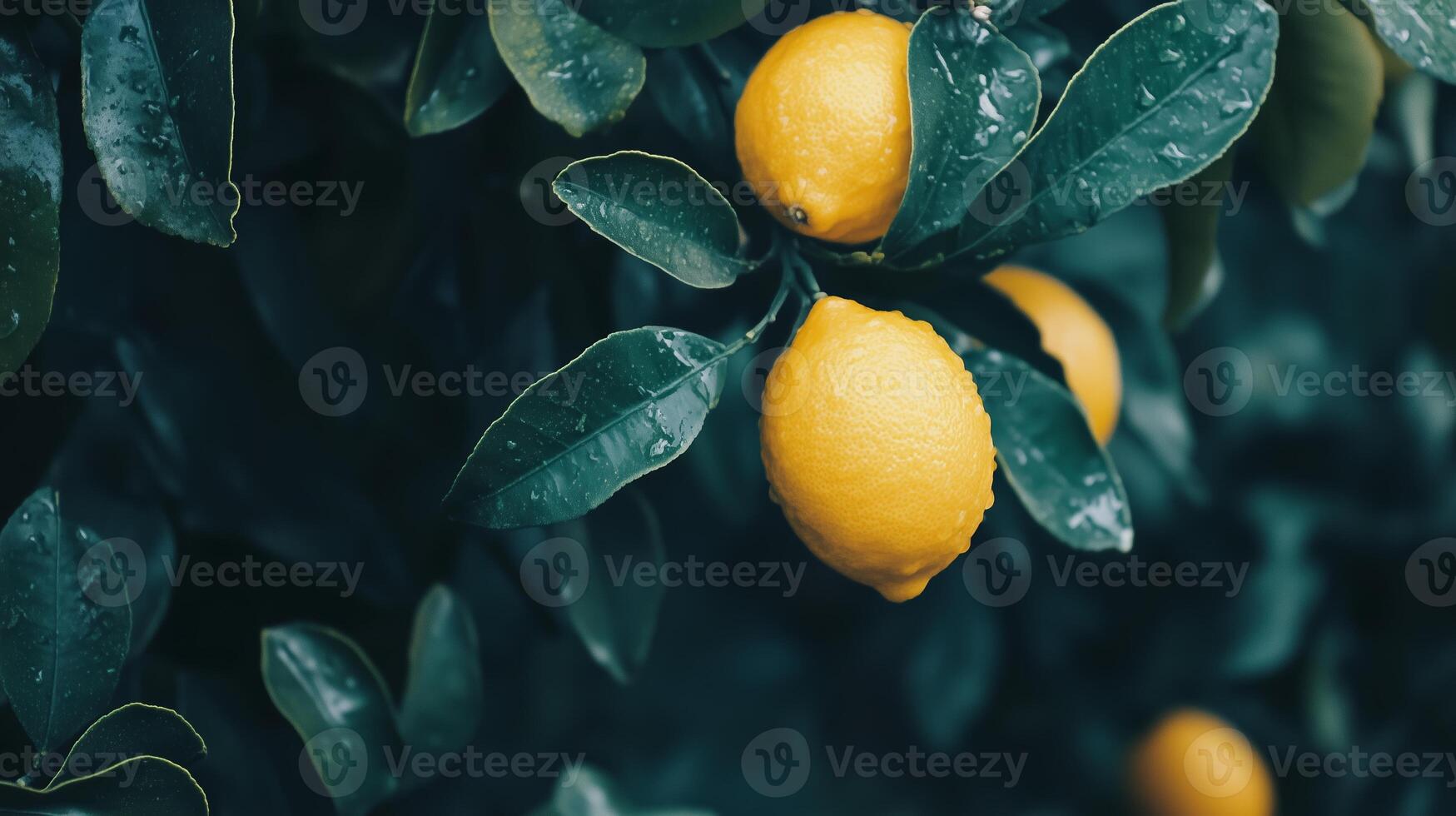 Fresh lemons hanging on a tree branch after a light rain in a lush garden during late afternoon photo