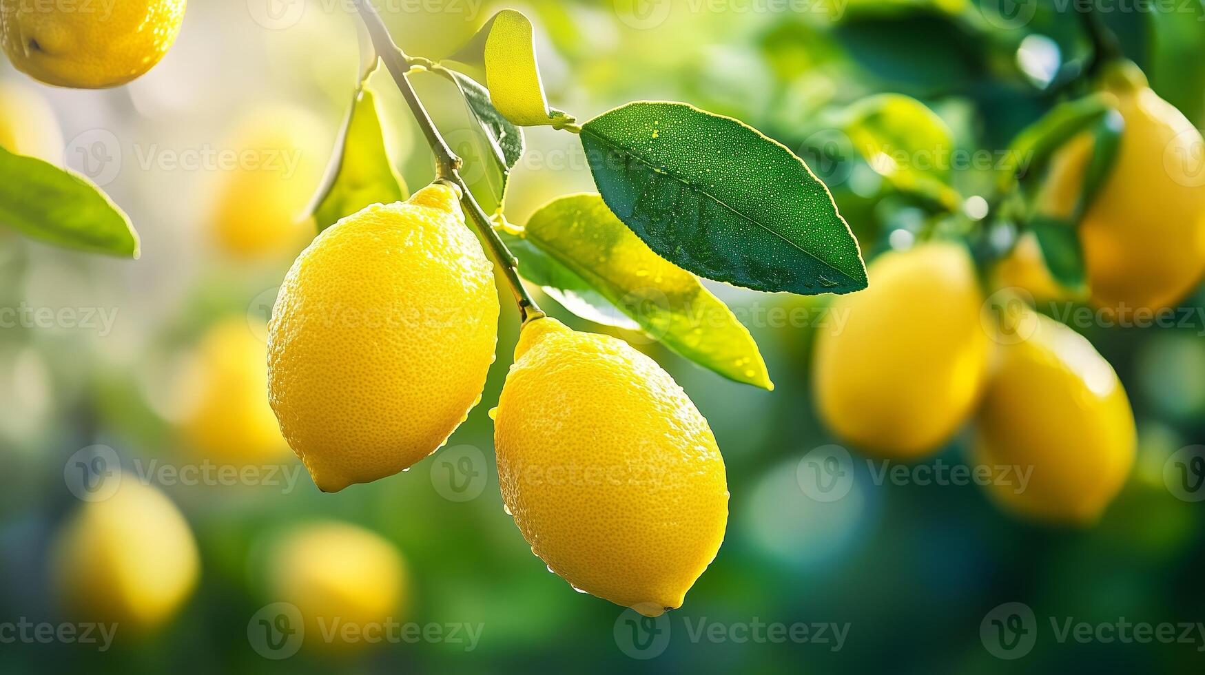 Lush lemon tree branches laden with ripe lemons bask in warm sunlight during a tranquil summer afternoon photo