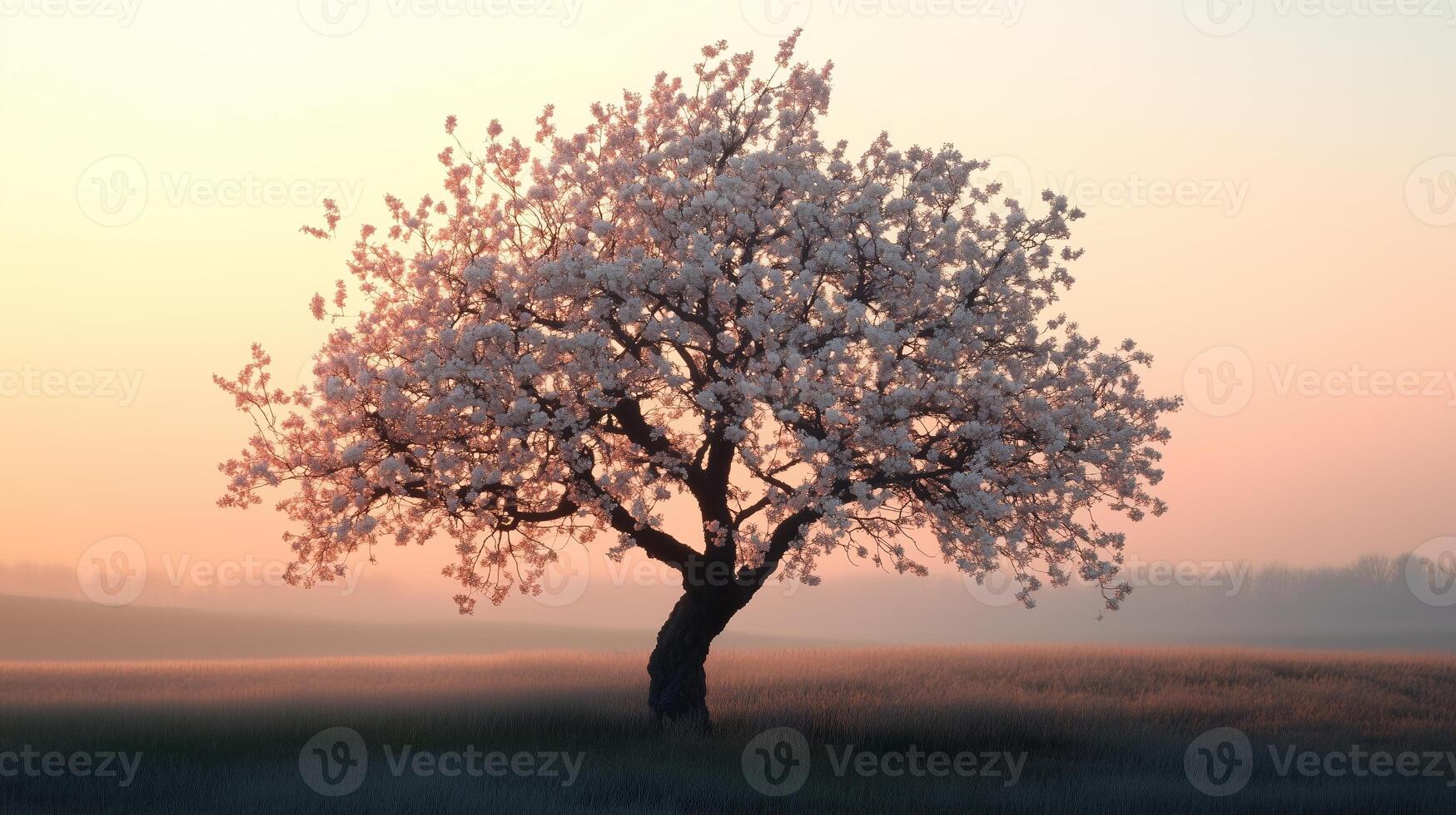 A blooming cherry blossom tree stands alone in a serene field during the early morning light of spring photo