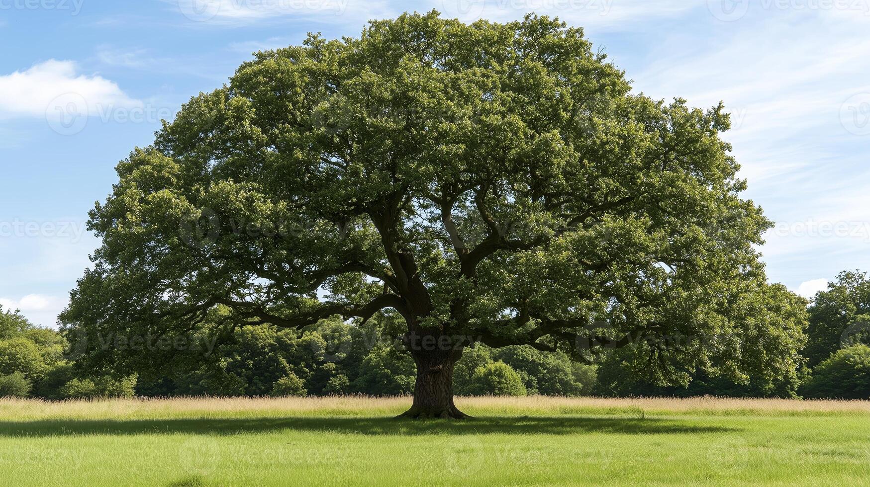 A majestic oak tree stands alone in a lush green field under a bright blue sky on a sunny afternoon photo