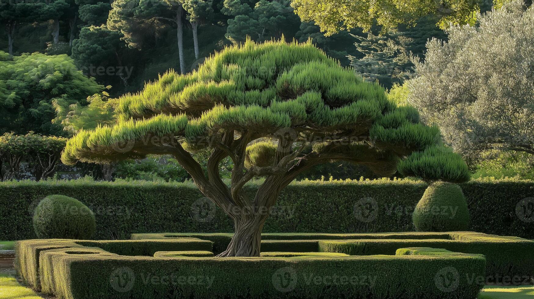 Lush, manicured garden featuring a unique evergreen tree surrounded by neatly trimmed hedges in a serene outdoor setting photo
