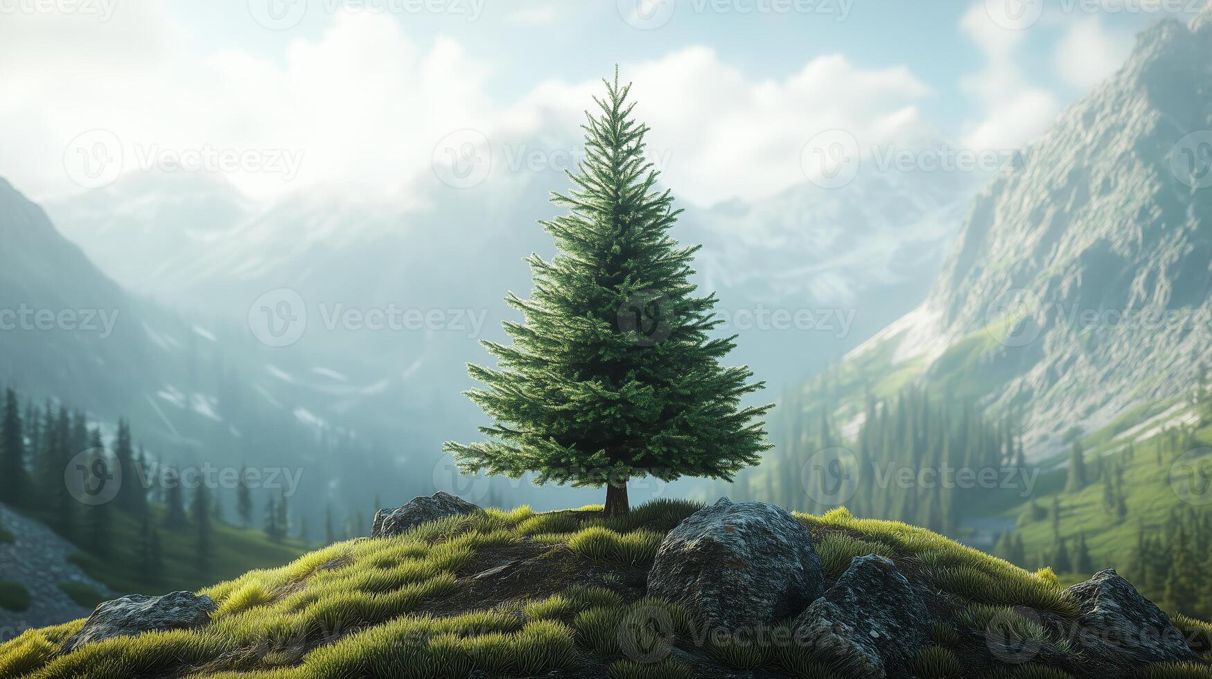 A solitary pine tree stands on a mossy hill surrounded by majestic mountains during a sunny day in a serene landscape photo
