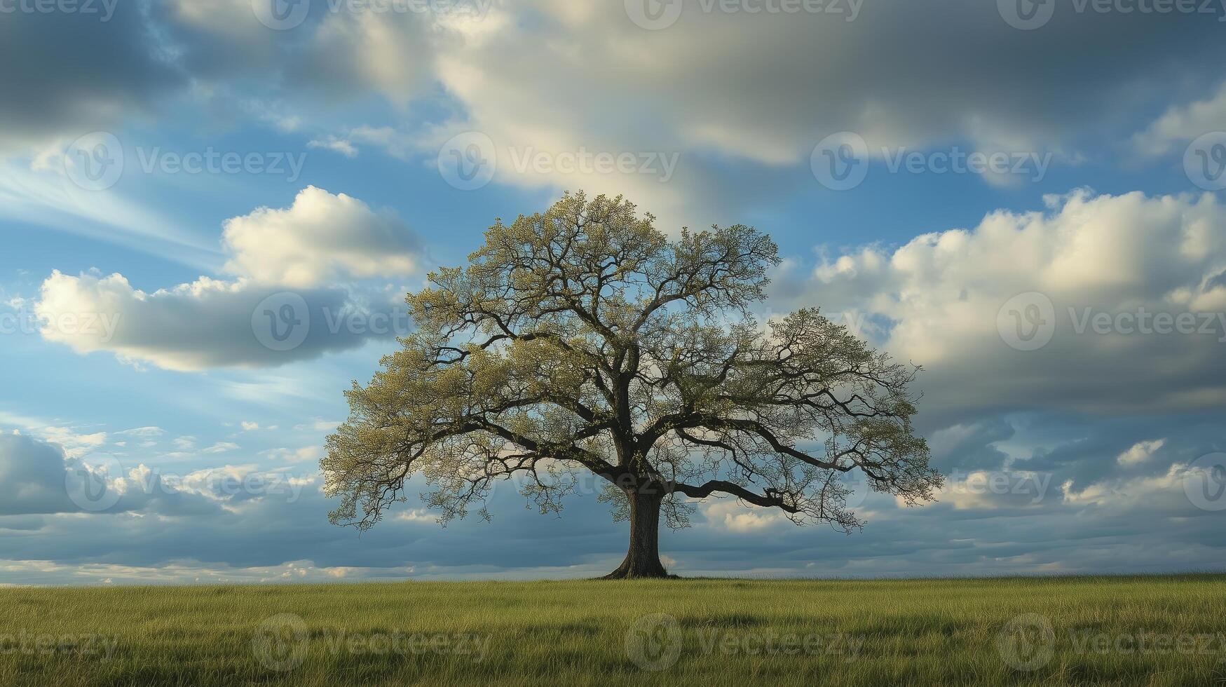 Majestic solitary tree under a vast sky with fluffy clouds in an open field during a serene afternoon photo