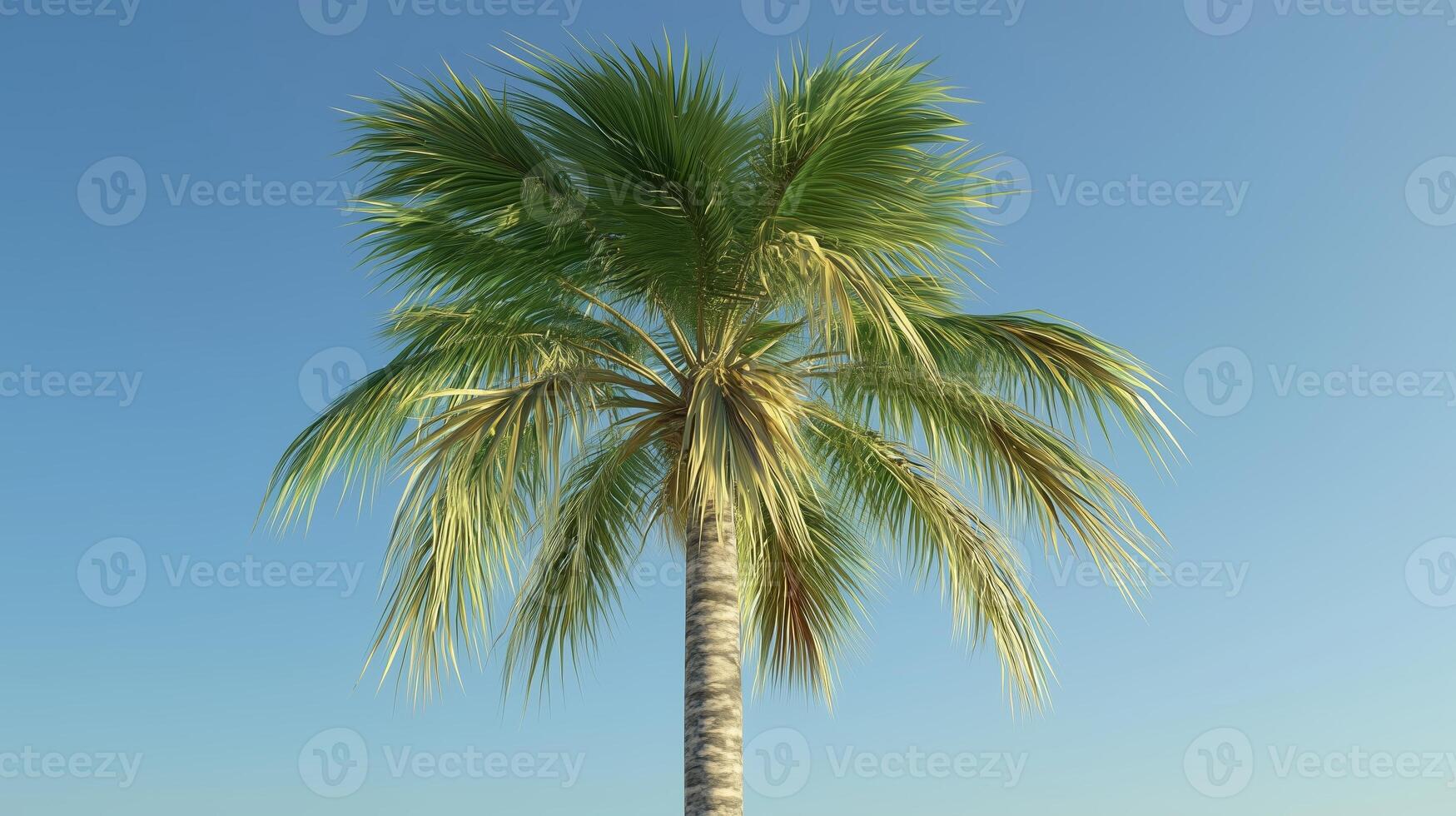 Tall palm tree under a clear blue sky on a warm sunny day in a tropical setting by the coast photo