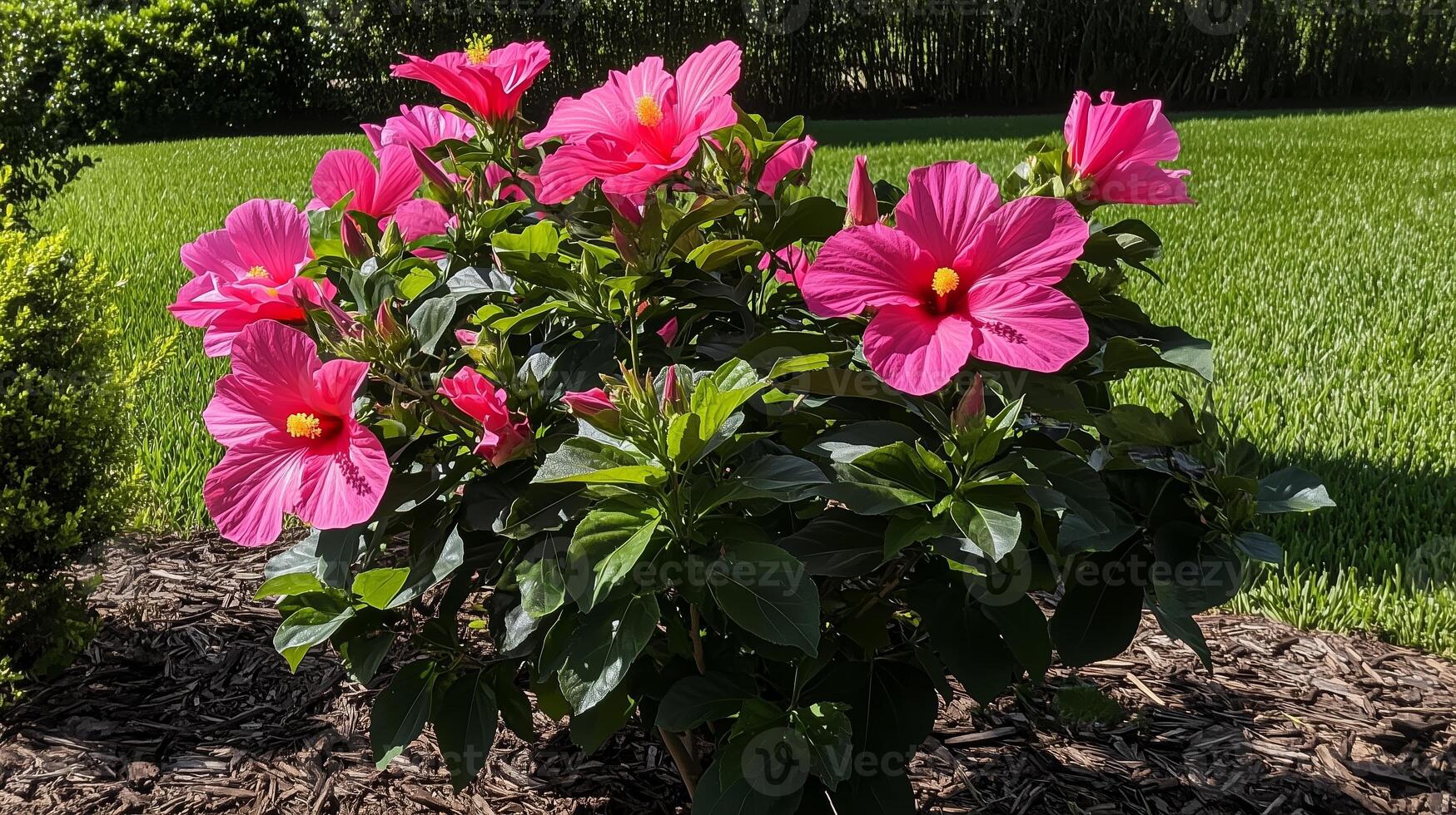 Vibrant pink hibiscus flowers blooming in a lush garden during a sunny afternoon photo