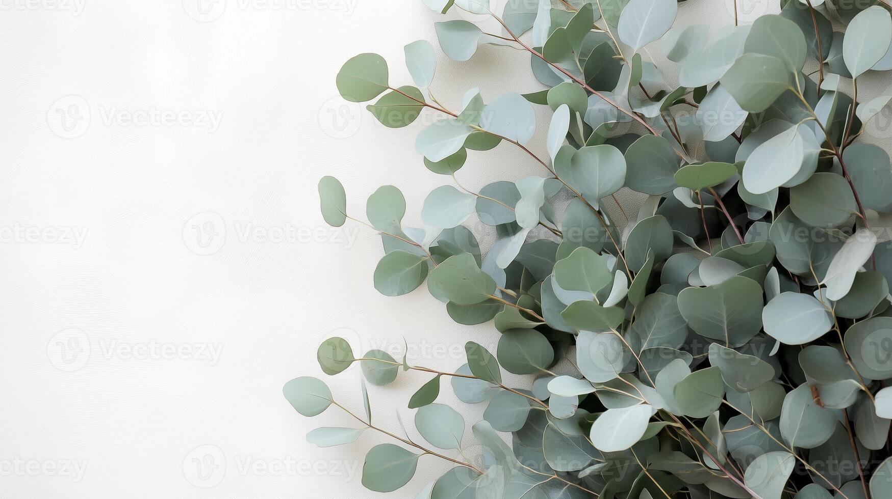 Eucalyptus leaves arranged artfully against a soft background, showcasing their unique shape and vibrant green color in natural light photo
