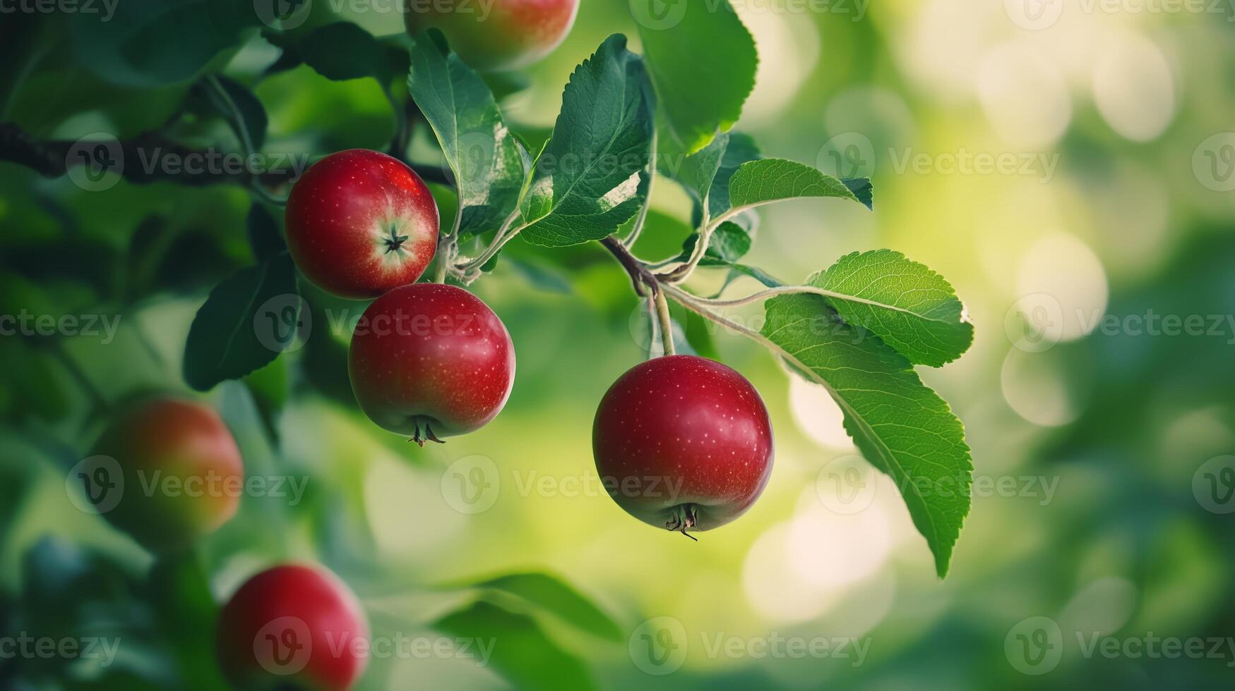 Fresh red apples hang from lush green branches in a sunlit orchard during the late summer season photo