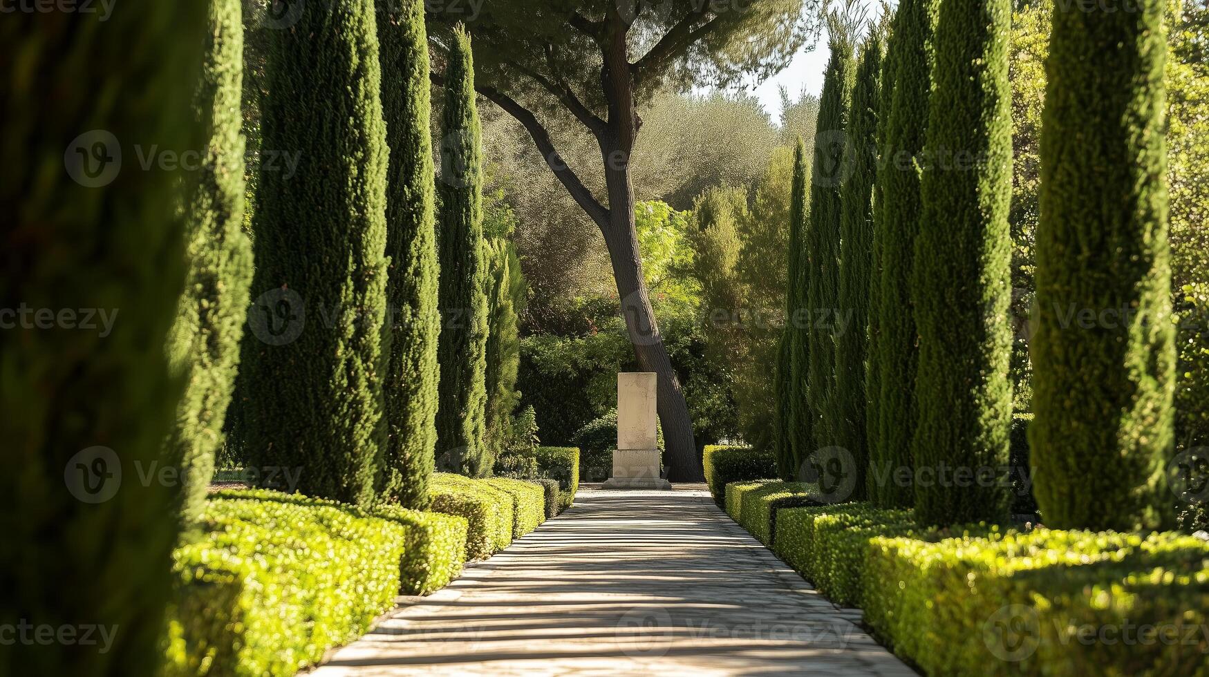 A serene garden pathway lined with tall cypress trees during the golden hour in a peaceful setting photo