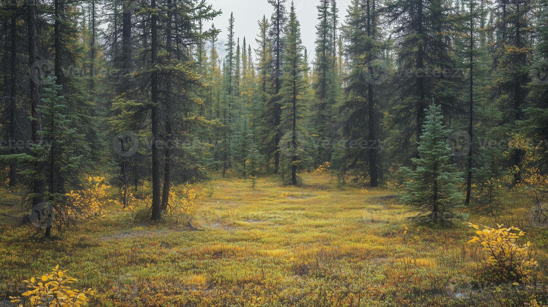 A serene autumn landscape in a lush forest with vibrant yellow foliage and tall green pine trees under a cloudy sky photo