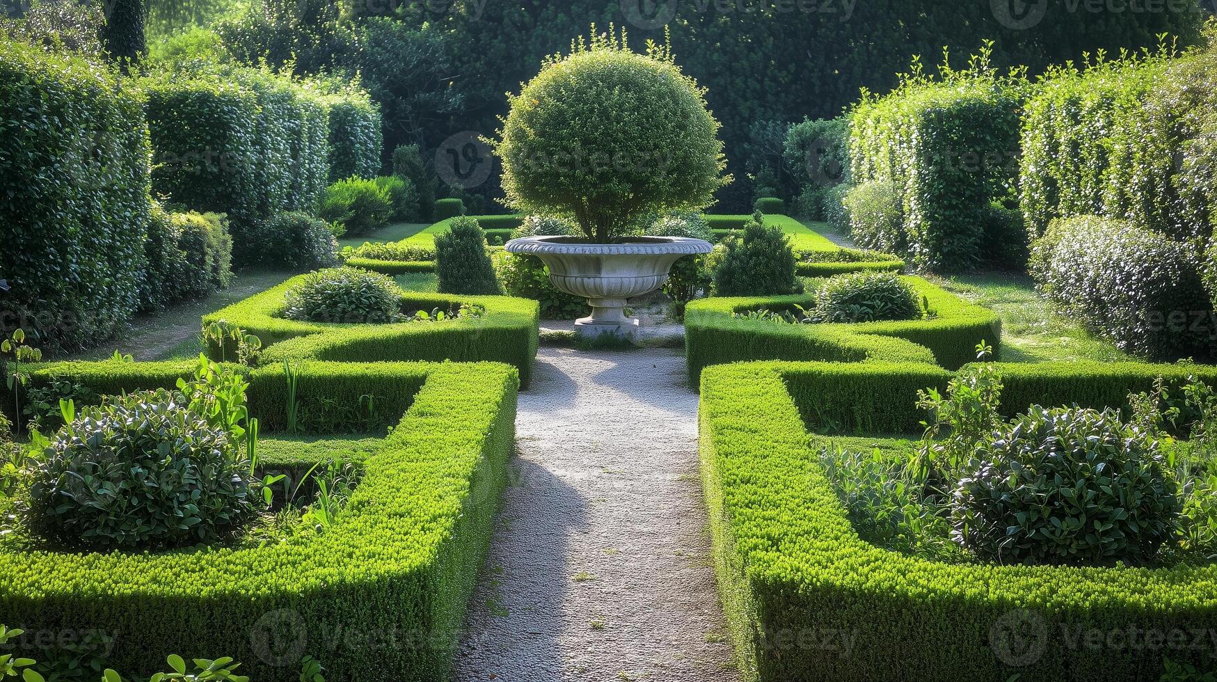 Lush green maze garden with a central fountain and manicured hedges in a serene setting under warm sunlight photo