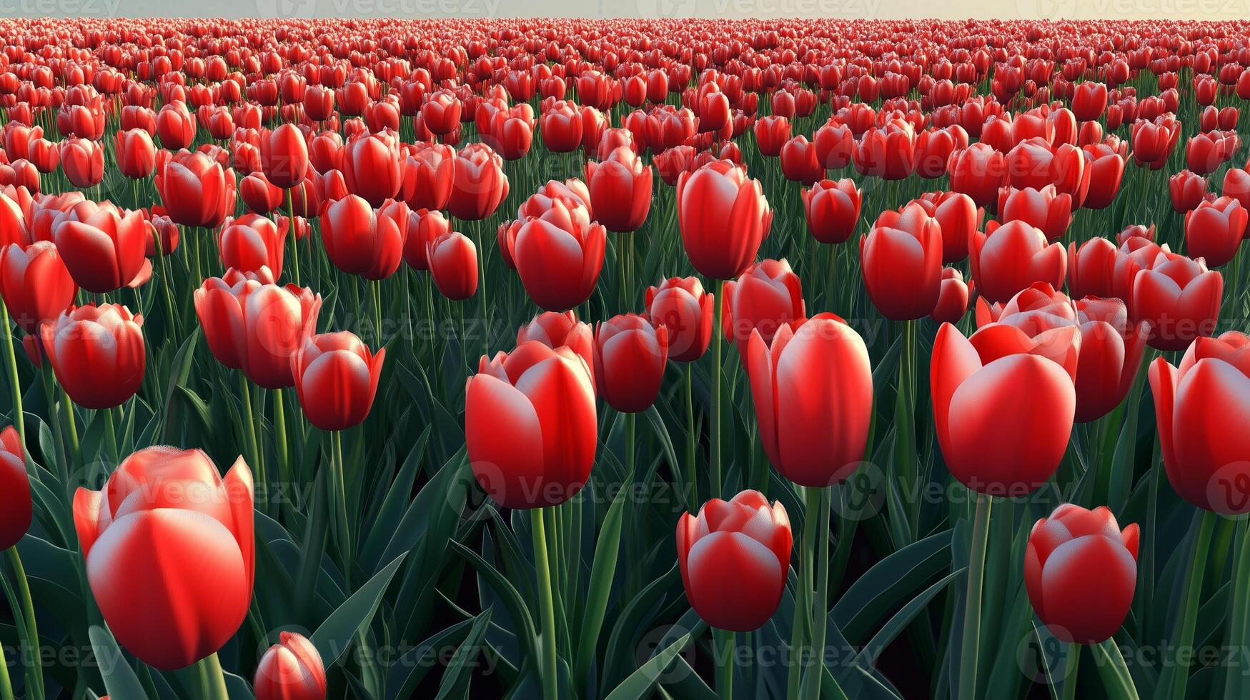 A vast field of vibrant red tulips blooming under a clear sky during the spring season in a picturesque landscape photo