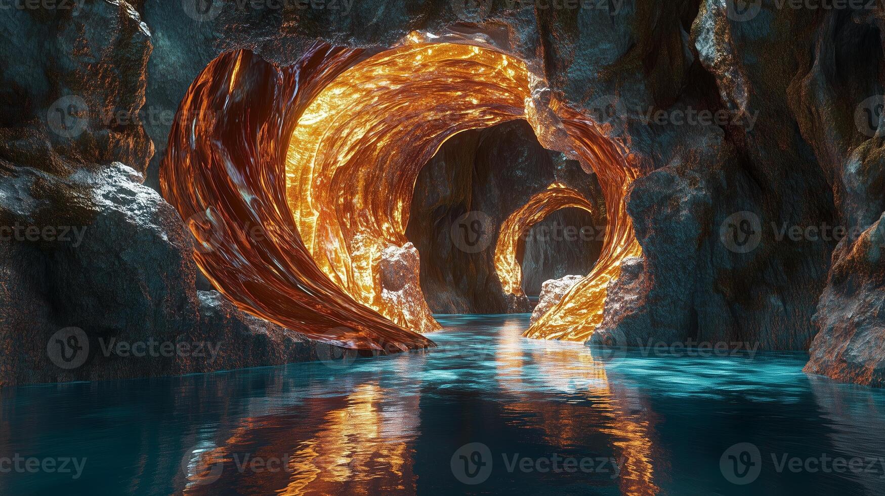 Magical underground cavern with shimmering golden formations and crystal-clear water highlighting natural beauty and tranquility photo