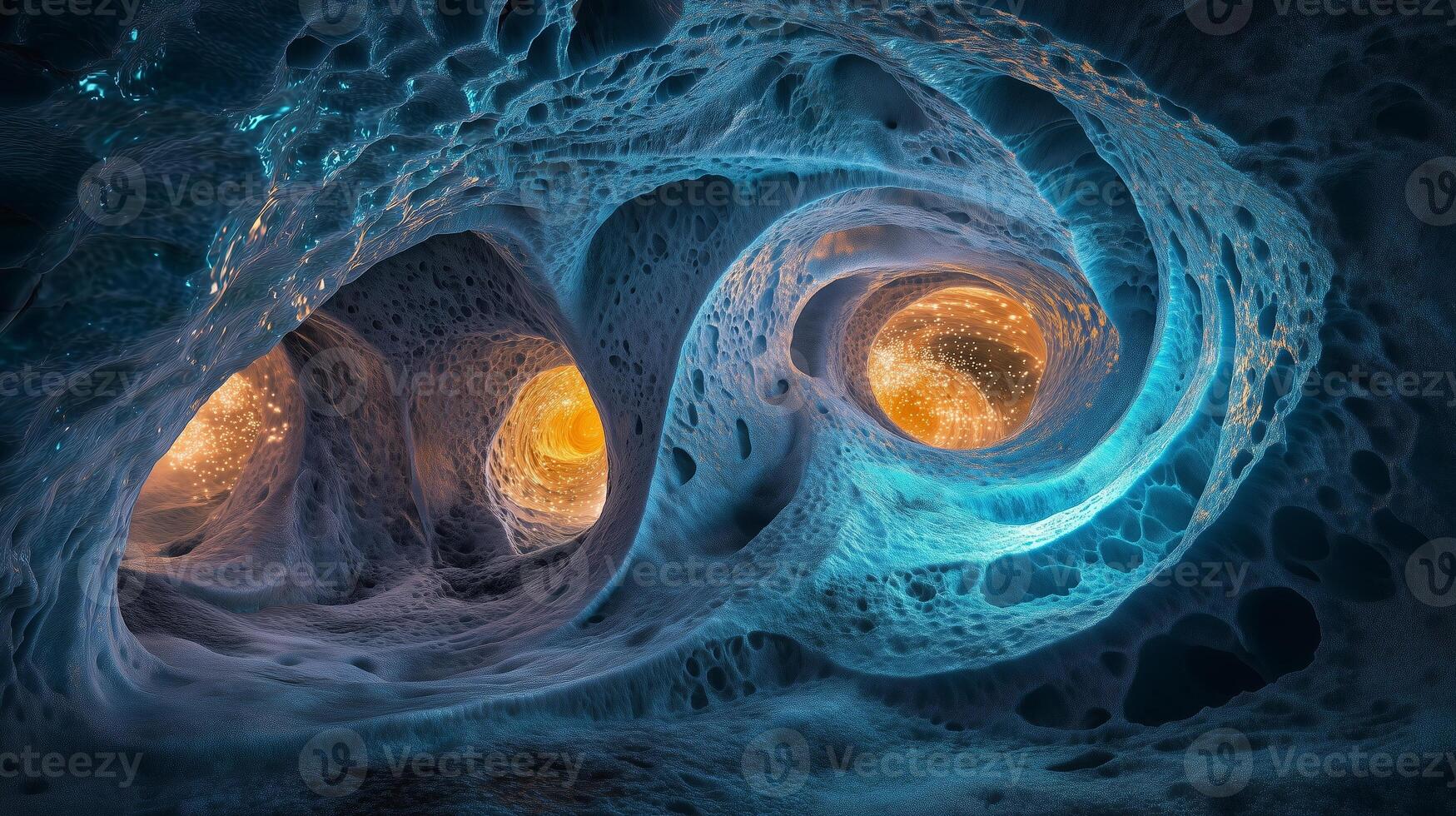 Intricate blue and orange abstract formation resembling deep-sea structures illuminated by glowing orbs photo