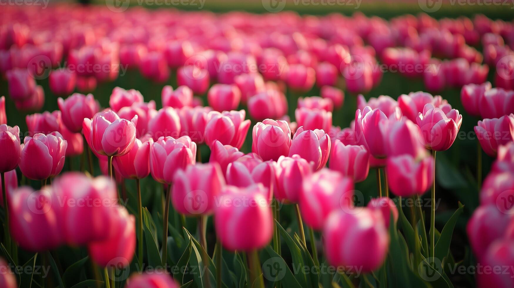 A vibrant field of pink tulips blooming in spring under clear skies at a local garden during sunset photo