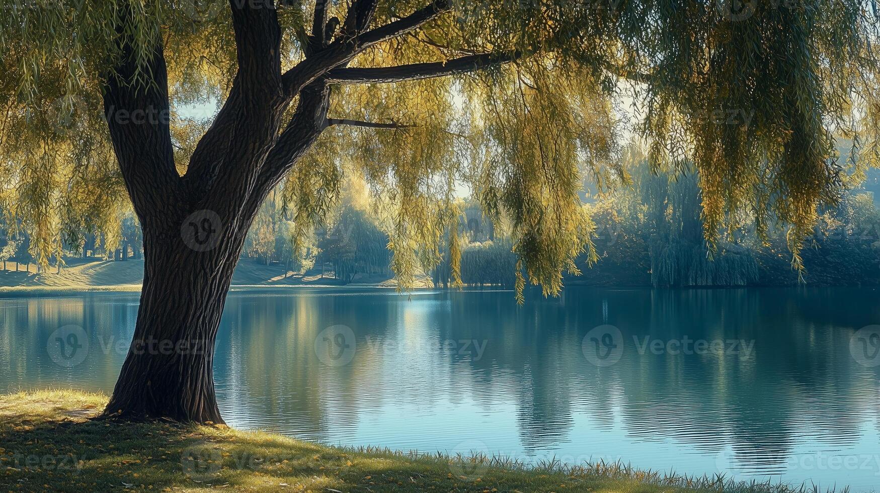 A tranquil lakeside view with a weeping willow tree reflecting on calm waters during a sunny day photo