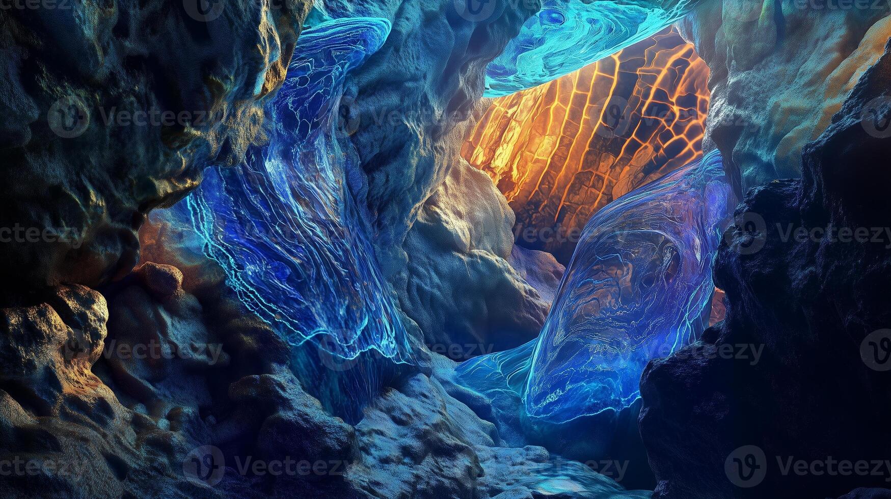 Stunning glow of bioluminescent waves within a rocky cave illuminated by golden light in a surreal landscape photo