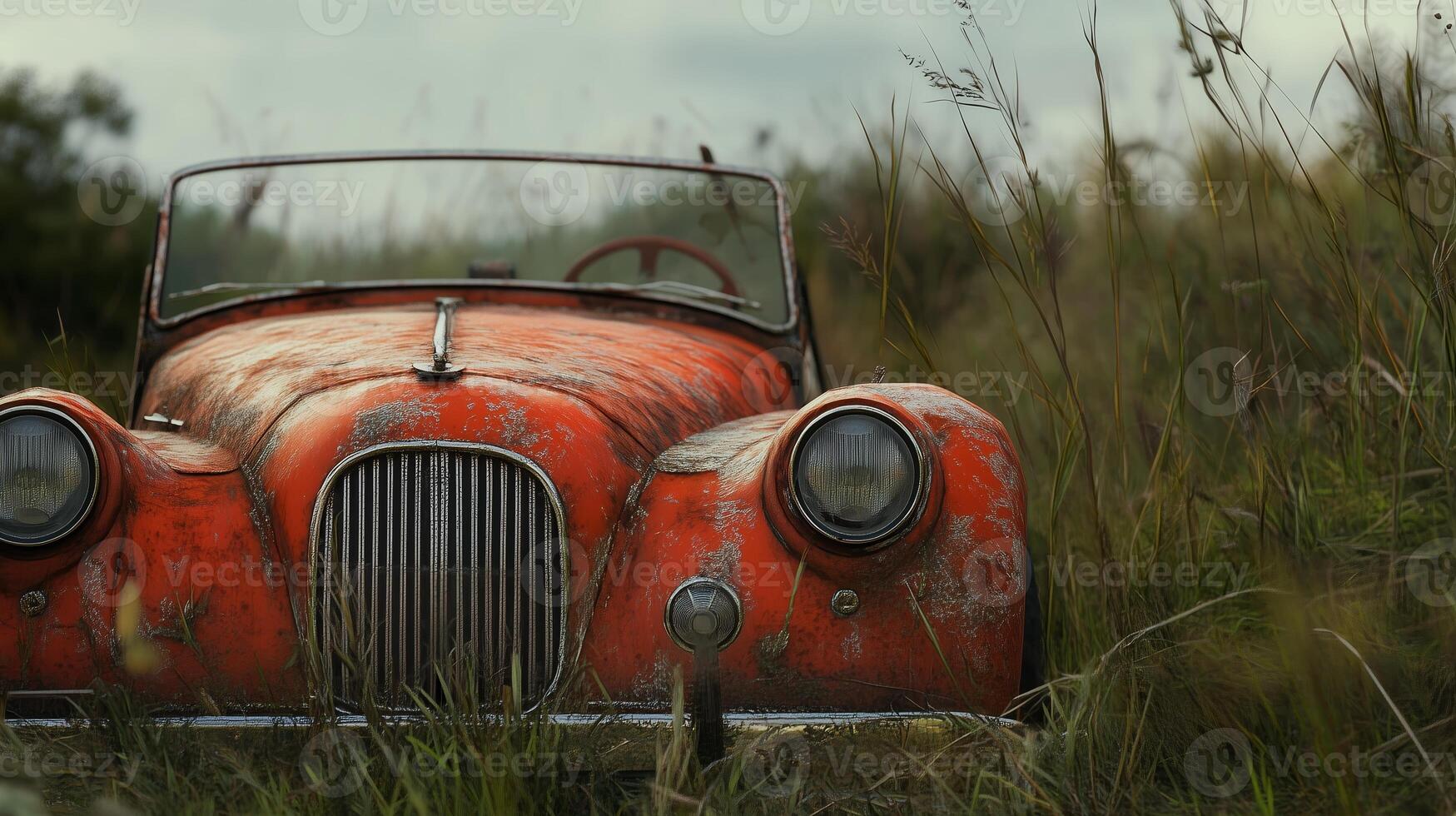 An abandoned vintage car rusts in a grassy field under a cloudy sky, evoking nostalgia and the passage of time photo
