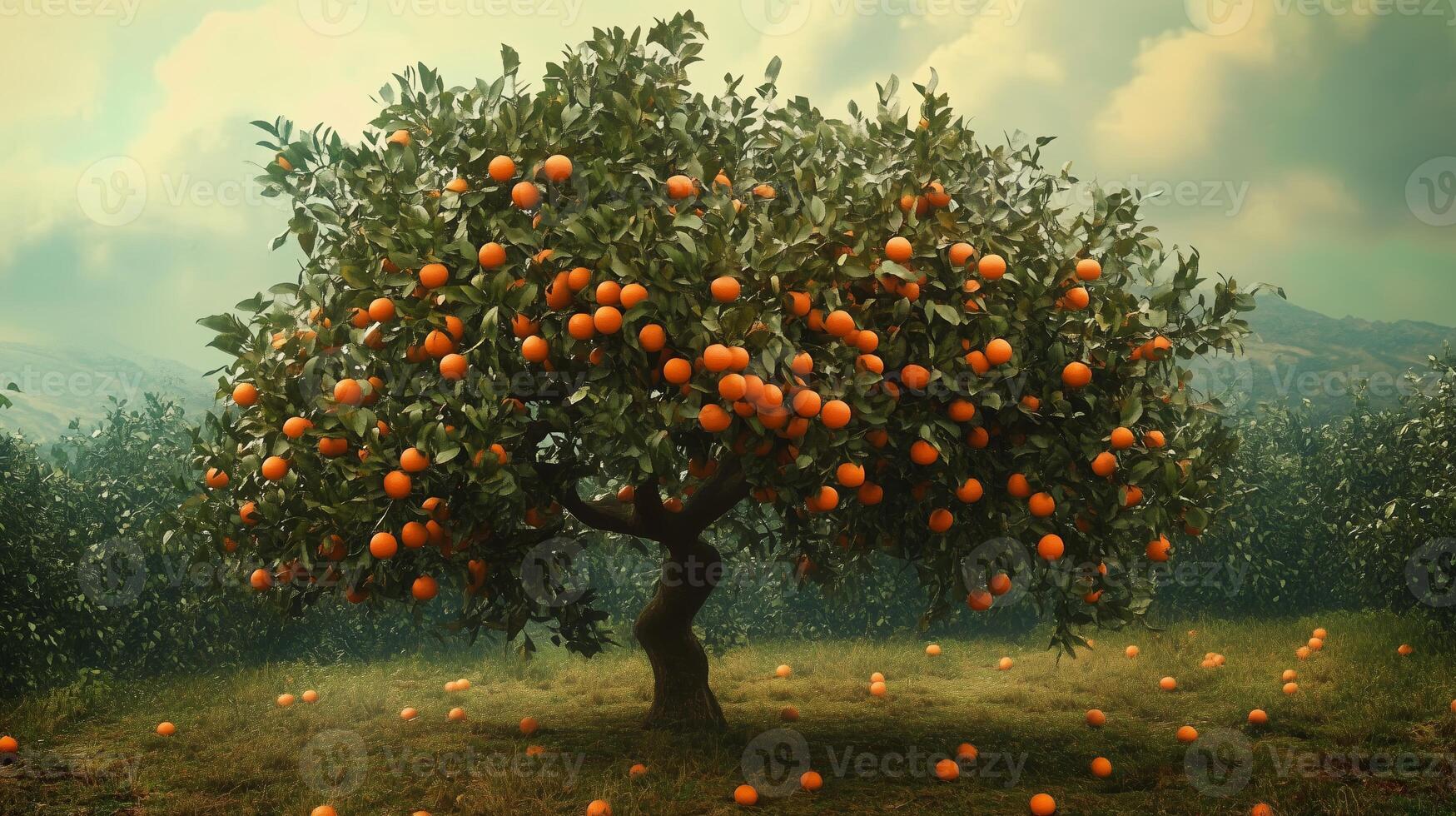 A vibrant orange tree stands in a lush orchard with ripe fruit scattered on the ground during golden hour photo