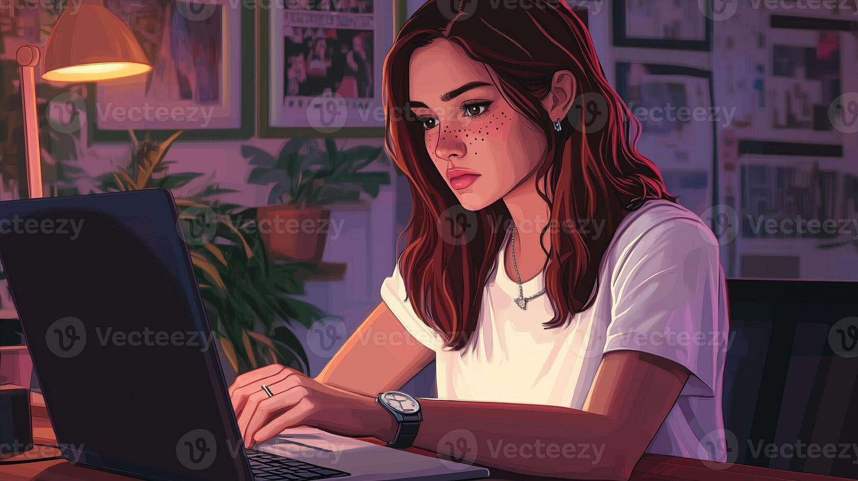 A young woman concentrates while working on her laptop in a cozy indoor space decorated with plants and photographs during the evening photo