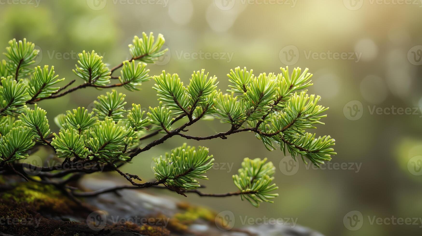 Lush green pine branches thrive in a sunlit forest, showcasing new growth and nature's vibrant colors during a serene morning photo