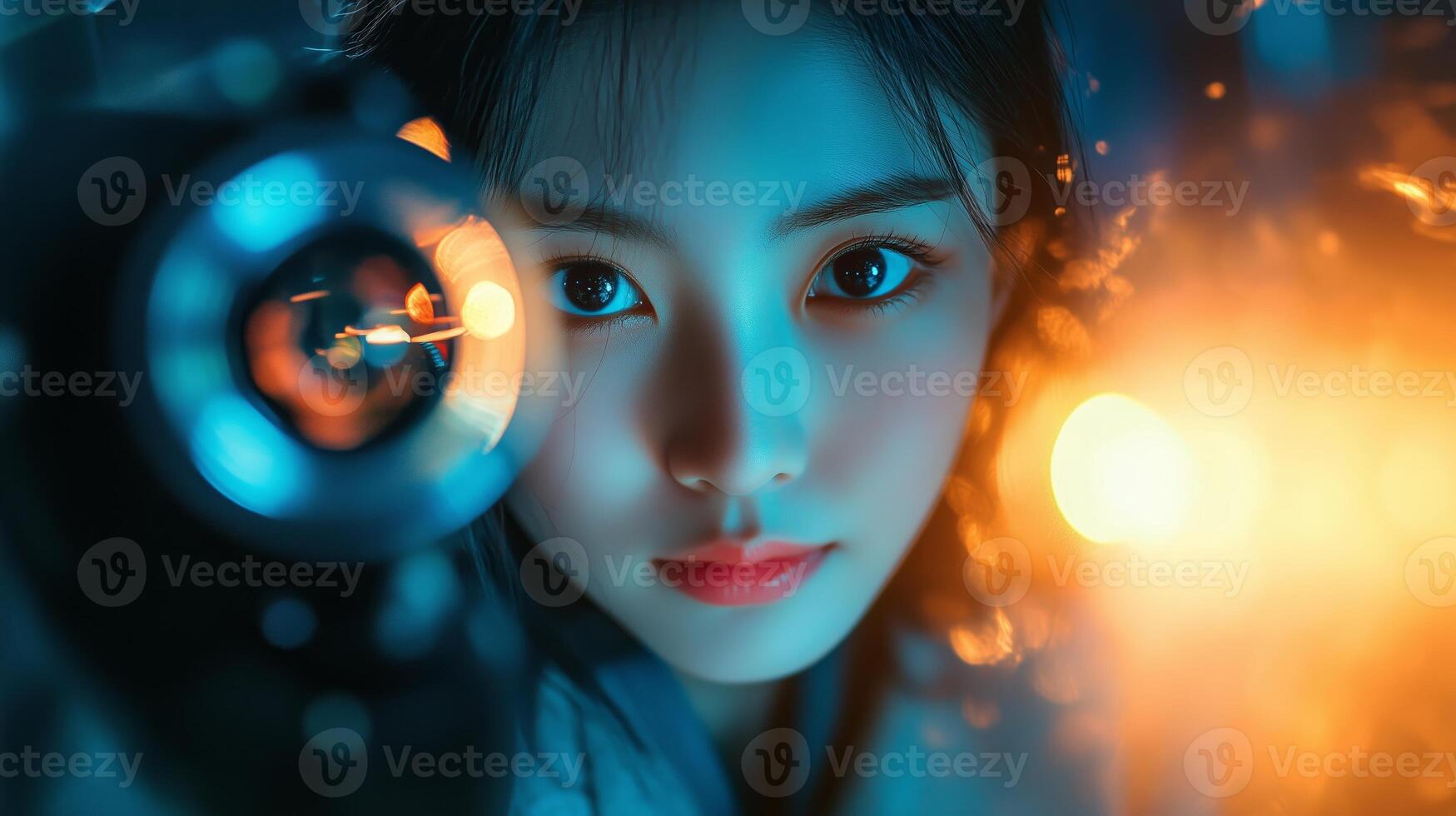 A young woman with captivating eyes holds a futuristic weapon amidst vibrant blue and orange lighting in a dramatic setting photo