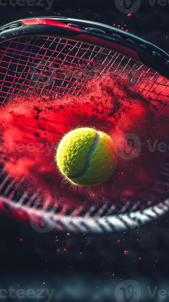 A vibrant tennis ball strikes a racquet, capturing dynamic motion and colorful dust in a striking display of energy and sport photo